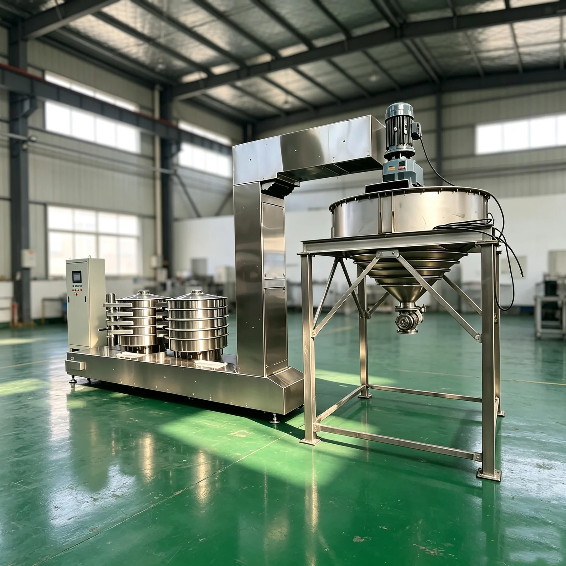 Powder screening and mixing arrangement